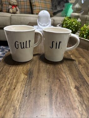 RAE DUNN Gulp / Sip Ceramic Coffee Tea Cups Mugs - White  SET Of 2